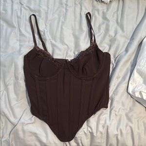 Brown Ribbed Crop Top with Sweetheart Neckline